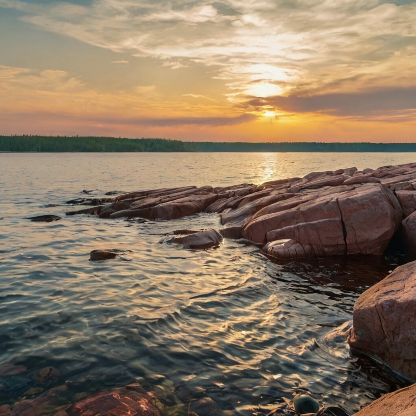 Rocky coast of the gulf of finland at sunset. Summer in Finland